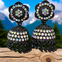 VM Antique Style Black Polish Rainbow Austrian Stone And Beads Jhumki Earrings