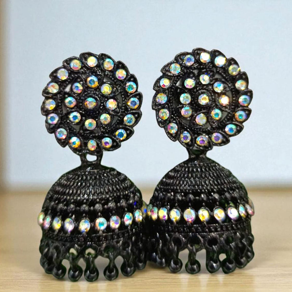 VM Antique Style Black Polish Rainbow Austrian Stone And Beads Jhumki Earrings