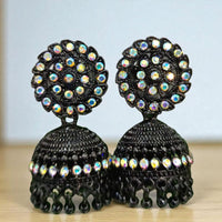 VM Antique Style Black Polish Rainbow Austrian Stone And Beads Jhumki Earrings