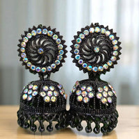 VM Antique Style Black Polish Rainbow Austrian Stone And Beads Jhumki Earrings