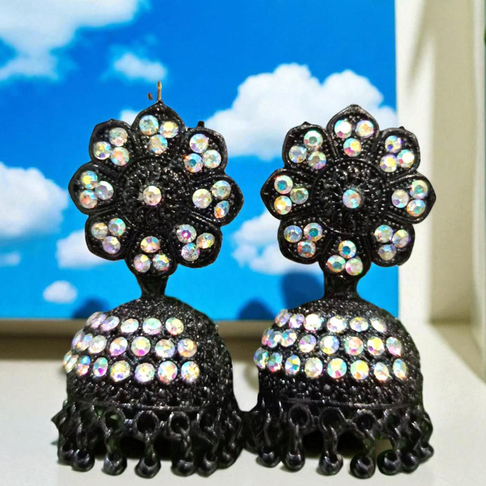 VM Antique Style Black Polish Rainbow Austrian Stone And Beads Jhumki Earrings
