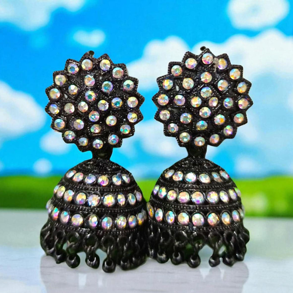 VM Antique Style Black Polish Rainbow Austrian Stone And Beads Jhumki Earrings