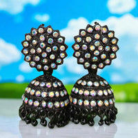 VM Antique Style Black Polish Rainbow Austrian Stone And Beads Jhumki Earrings