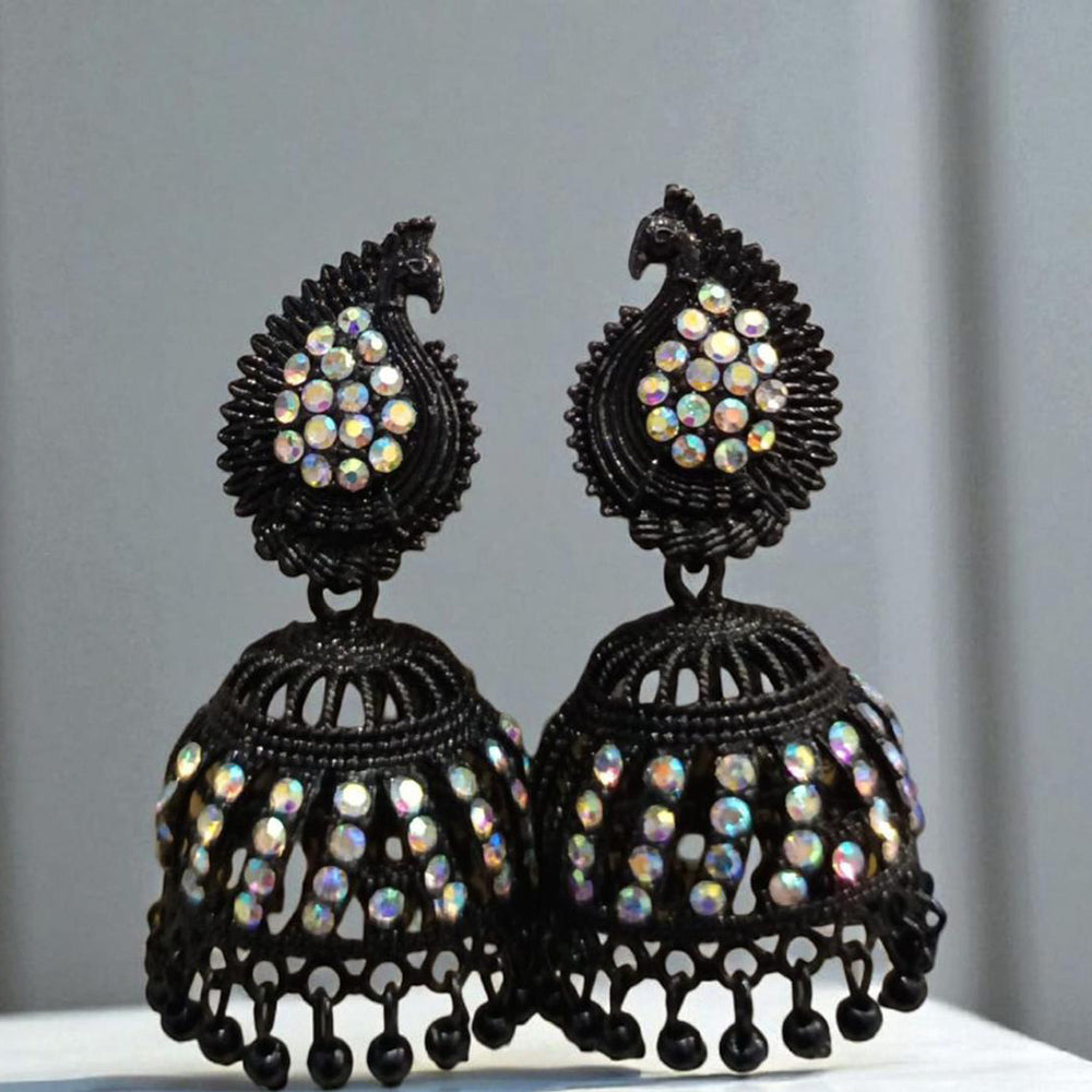 VM Antique Style Black Polish Rainbow Austrian Stone And Beads Jhumki Earrings