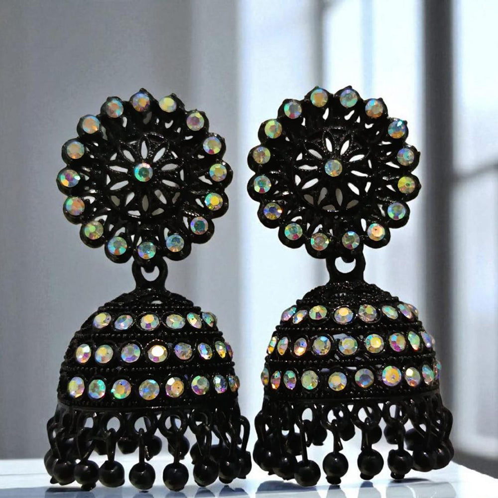 VM Antique Style Black Polish Rainbow Austrian Stone And Beads Jhumki Earrings