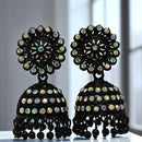 VM Antique Style Black Polish Rainbow Austrian Stone And Beads Jhumki Earrings
