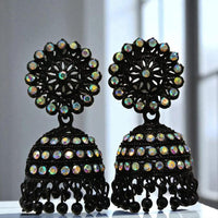 VM Antique Style Black Polish Rainbow Austrian Stone And Beads Jhumki Earrings