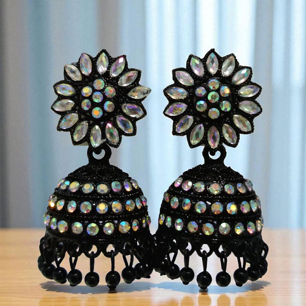 VM Antique Style Black Polish Rainbow Austrian Stone And Beads Jhumki Earrings
