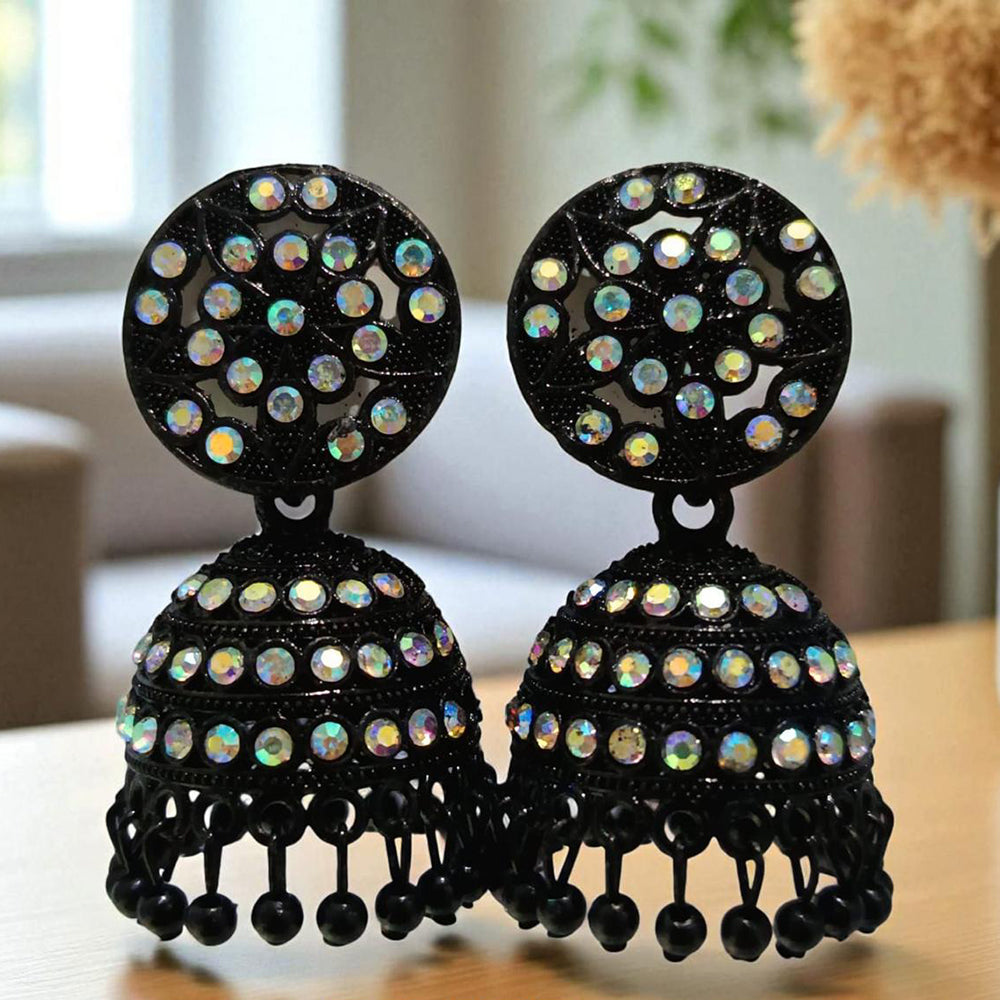 VM Antique Style Black Polish Rainbow Austrian Stone And Beads Jhumki Earrings
