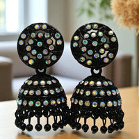 VM Antique Style Black Polish Rainbow Austrian Stone And Beads Jhumki Earrings