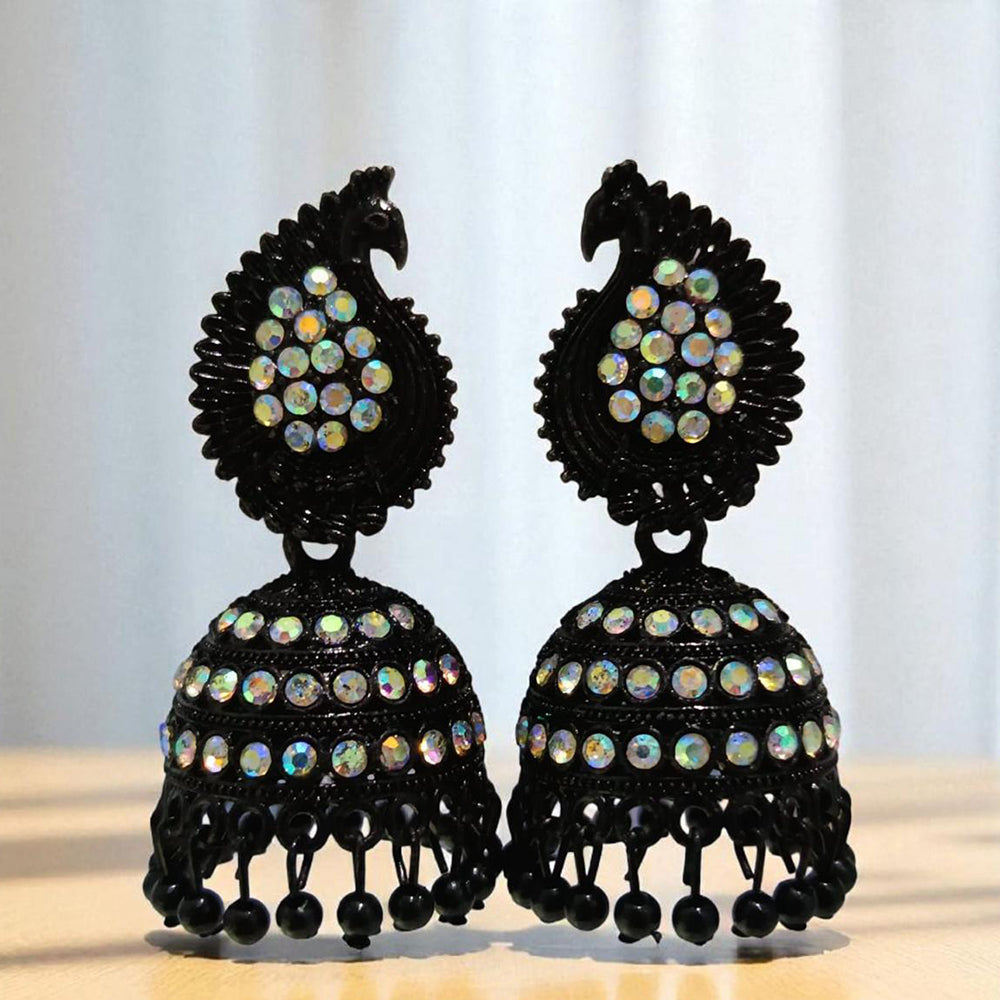 VM Antique Style Black Polish Rainbow Austrian Stone And Beads Jhumki Earrings