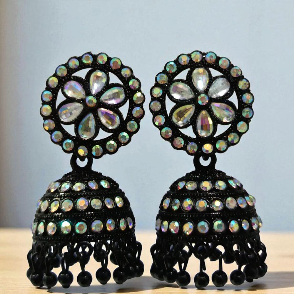 VM Antique Style Black Polish Rainbow Austrian Stone And Beads Jhumki Earrings