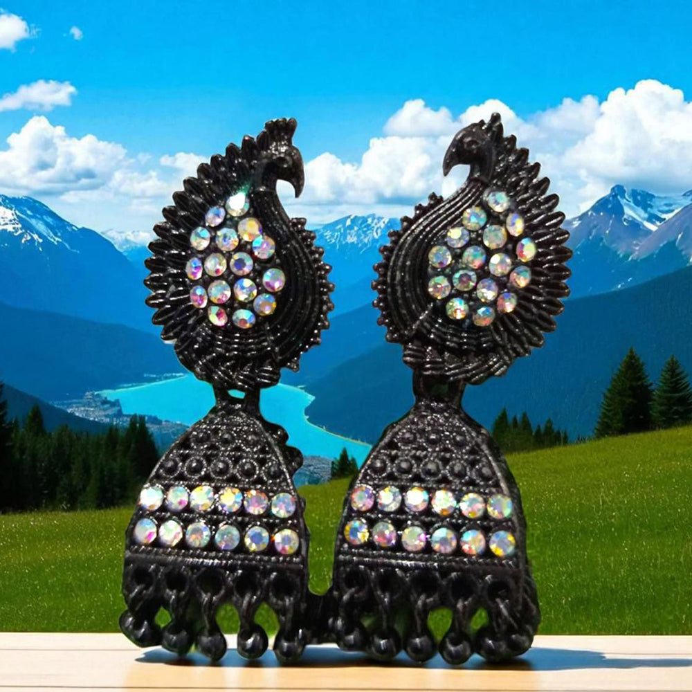 VM Antique Style Black Polish Rainbow Austrian Stone And Beads Jhumki Earrings