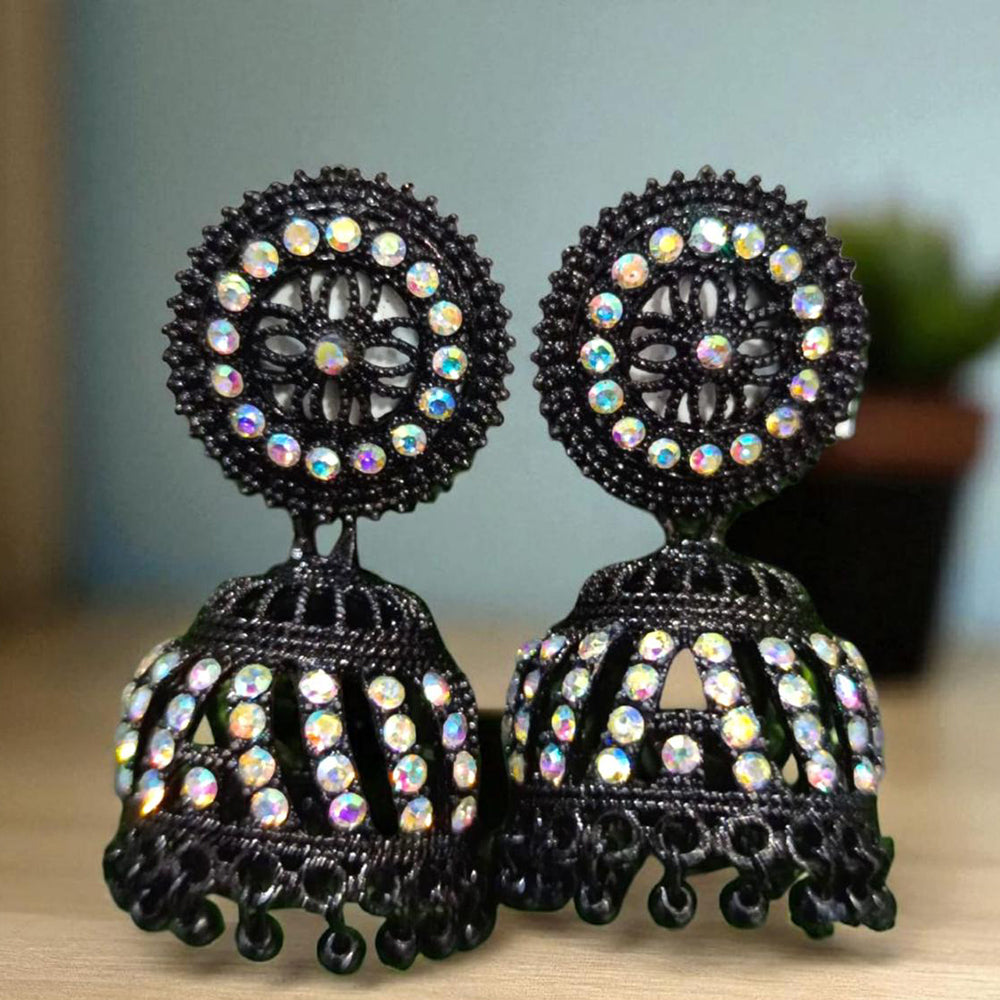 VM Antique Style Black Polish Rainbow Austrian Stone And Beads Jhumki Earrings