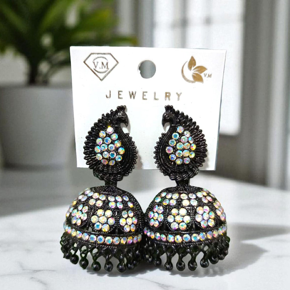 VM Antique Style Black Polish Rainbow Austrian Stone And Beads Jhumki Earrings