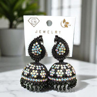 VM Antique Style Black Polish Rainbow Austrian Stone And Beads Jhumki Earrings