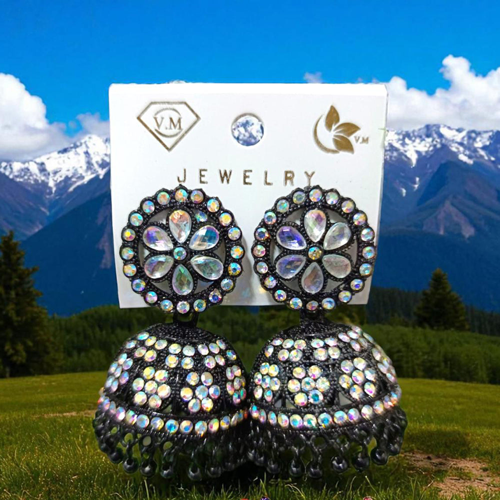 VM Antique Style Black Polish Rainbow Austrian Stone And Beads Jhumki Earrings