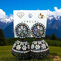 VM Antique Style Black Polish Rainbow Austrian Stone And Beads Jhumki Earrings