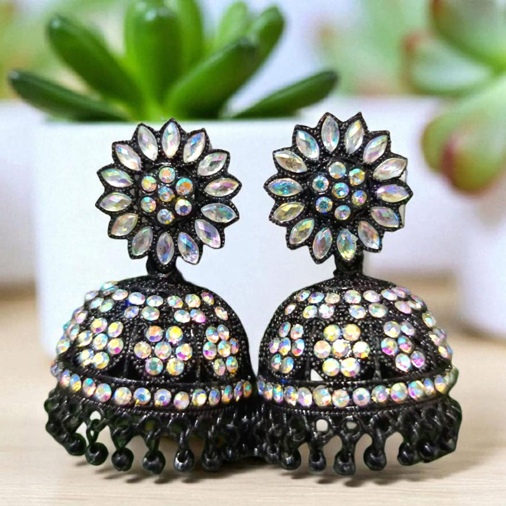 VM Antique Style Black Polish Rainbow Austrian Stone And Beads Jhumki Earrings