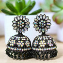 VM Antique Style Black Polish Rainbow Austrian Stone And Beads Jhumki Earrings