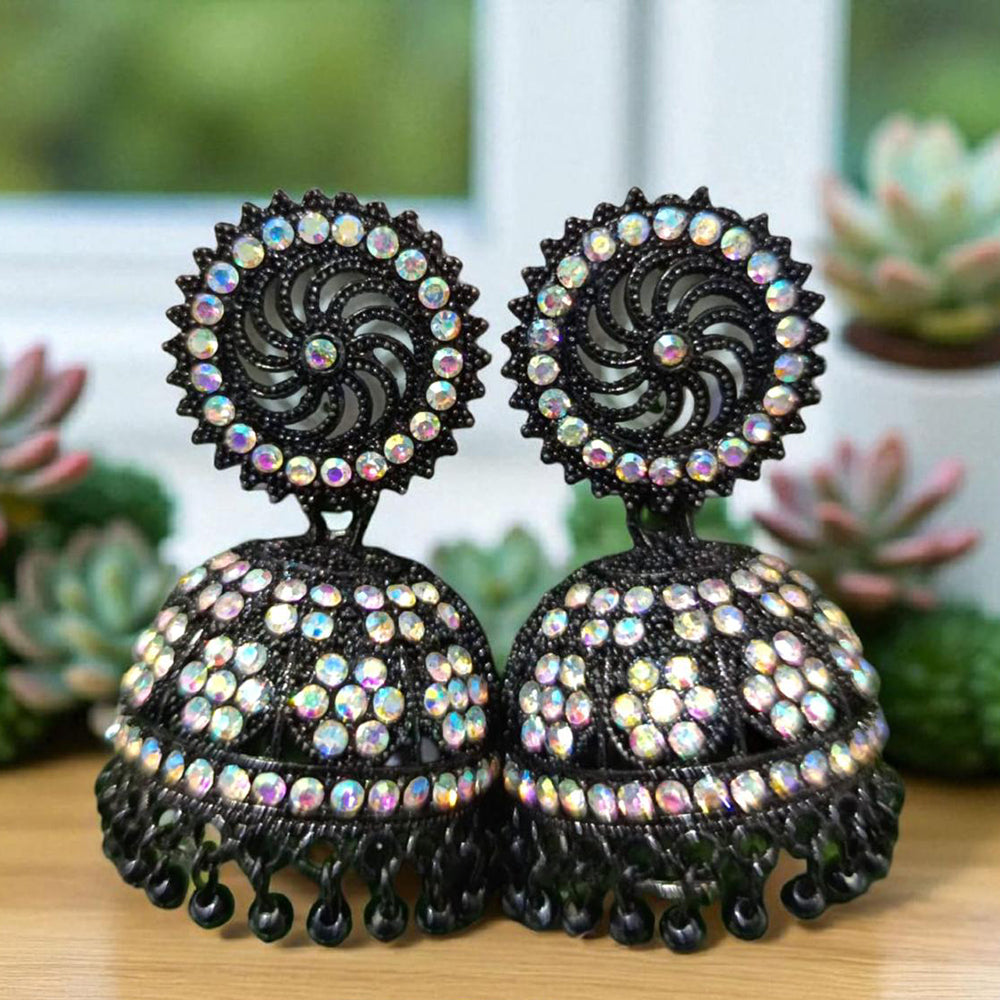 VM Antique Style Black Polish Rainbow Austrian Stone And Beads Jhumki Earrings
