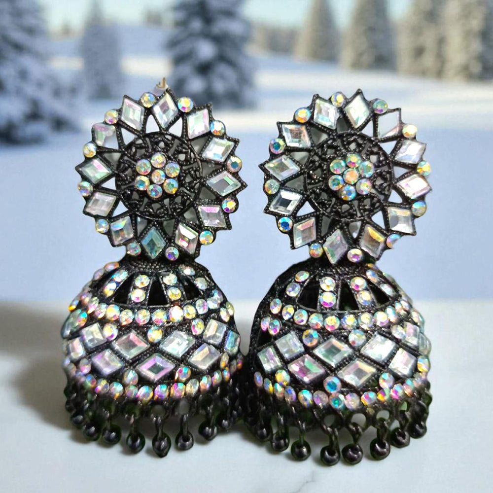 VM Antique Style Black Polish Rainbow Austrian Stone And Beads Jhumki Earrings