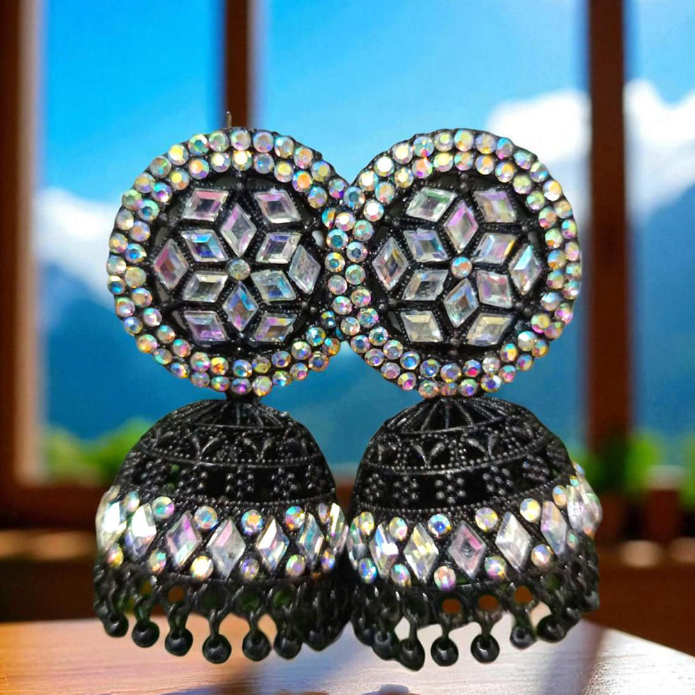 VM Antique Style Black Polish Rainbow Austrian Stone And Beads Jhumki Earrings