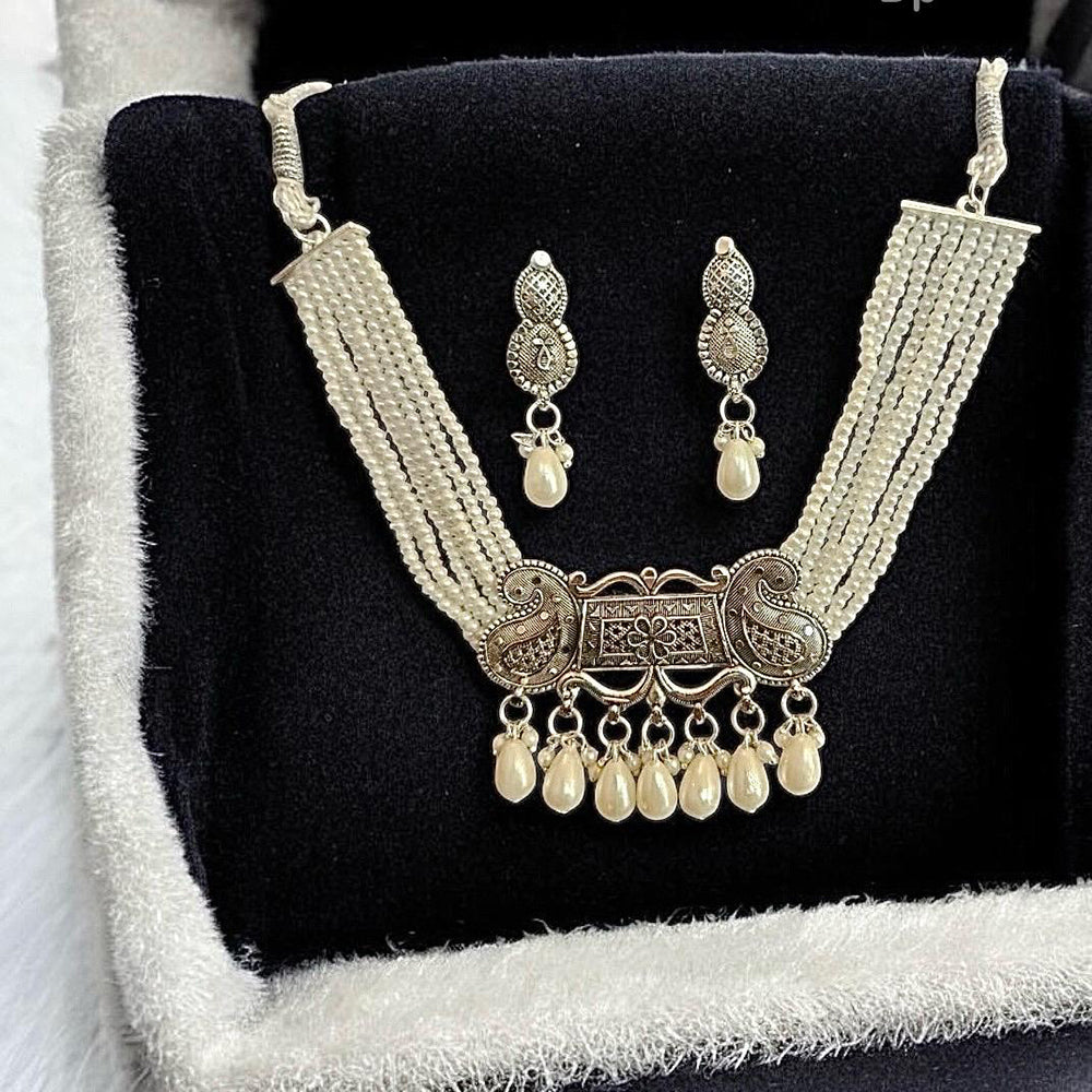 VM Imitation Classic Oxidised Plated Pearl Choker Necklace Set