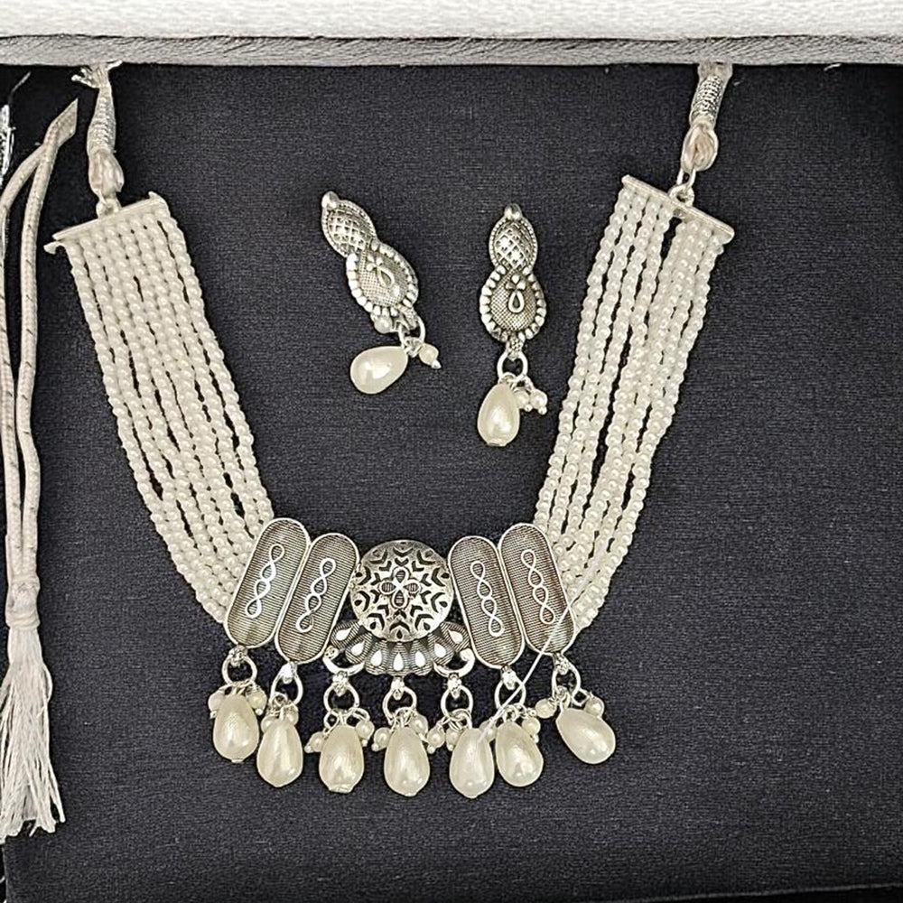 VM Imitation Classic Oxidised Plated Pearl Choker Necklace Set