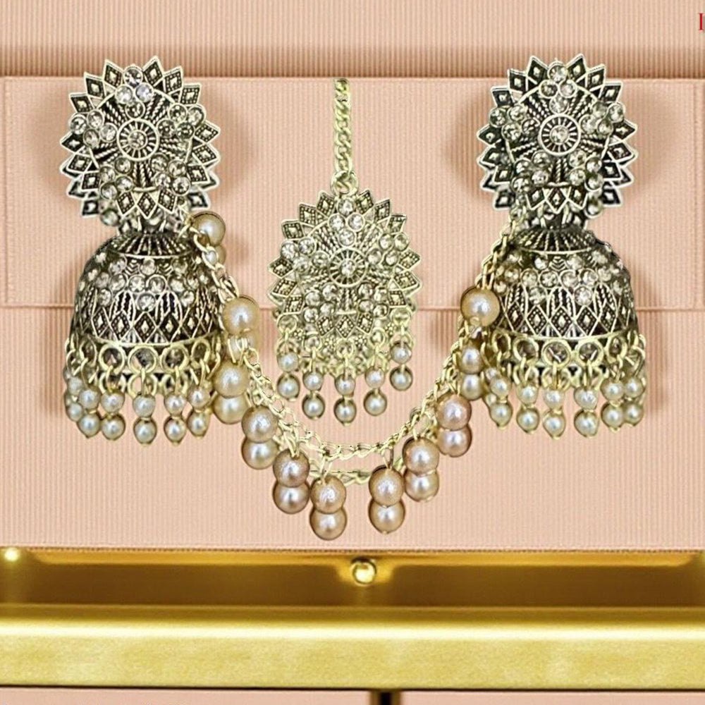 VM Imitation Ethnic Sparkling Austrian Stone And Pearls Jhumki Earrings