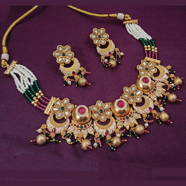 NAFJ Gold Plated Pota Stone And Pearls Meenakari Necklace Set