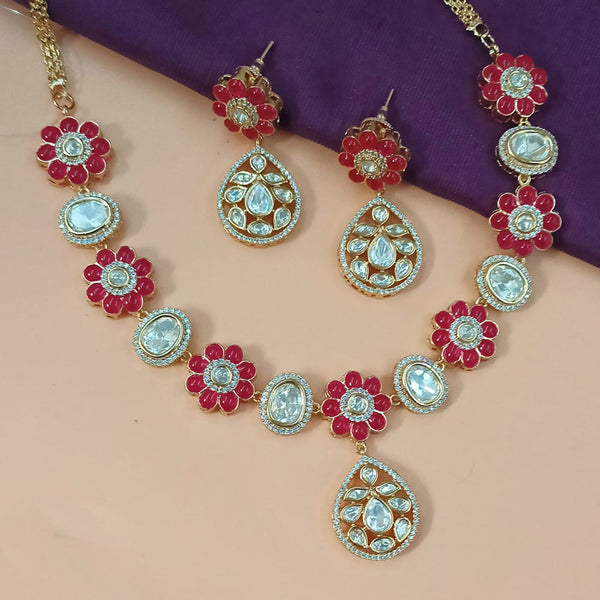 NAFJ Gold Plated Polki Kundan Stone Necklace Set