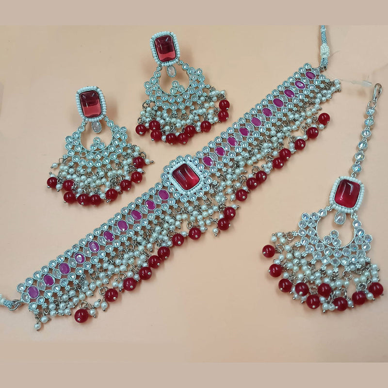 NAFJ Silver Plated Crystal Stone And Pearls Necklace Set