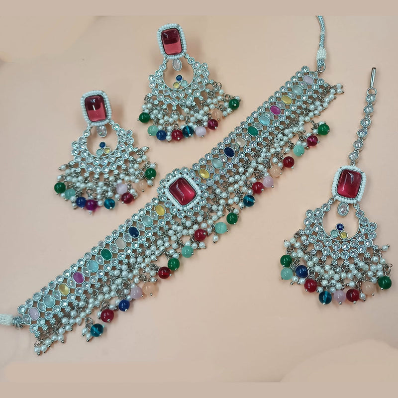 NAFJ Silver Plated Crystal Stone And Pearls Necklace Set