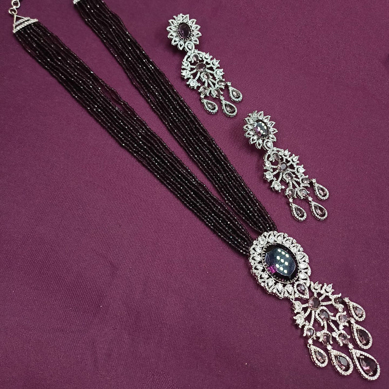 NAFJ Silver Plated American Diamond And Pearls Long Necklace Set