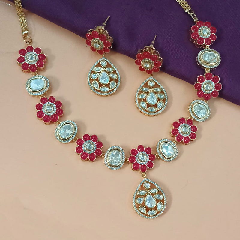 NAFJ Gold Plated Polki Kundan Stone Necklace Set