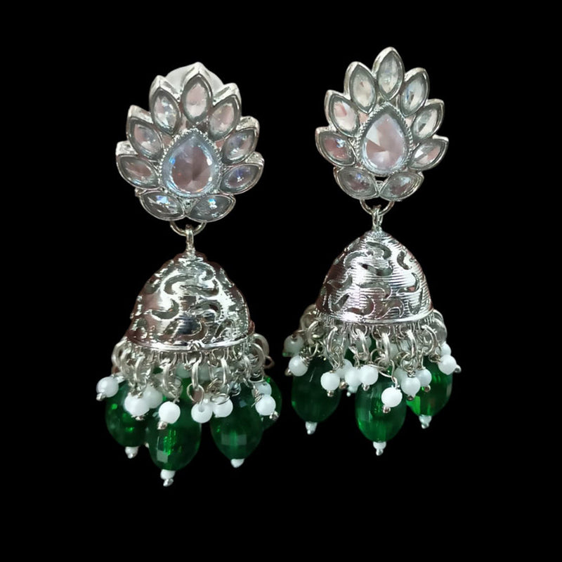 NAFJ Silver Plated Crystal Stone And Beads Jhumki Earrings