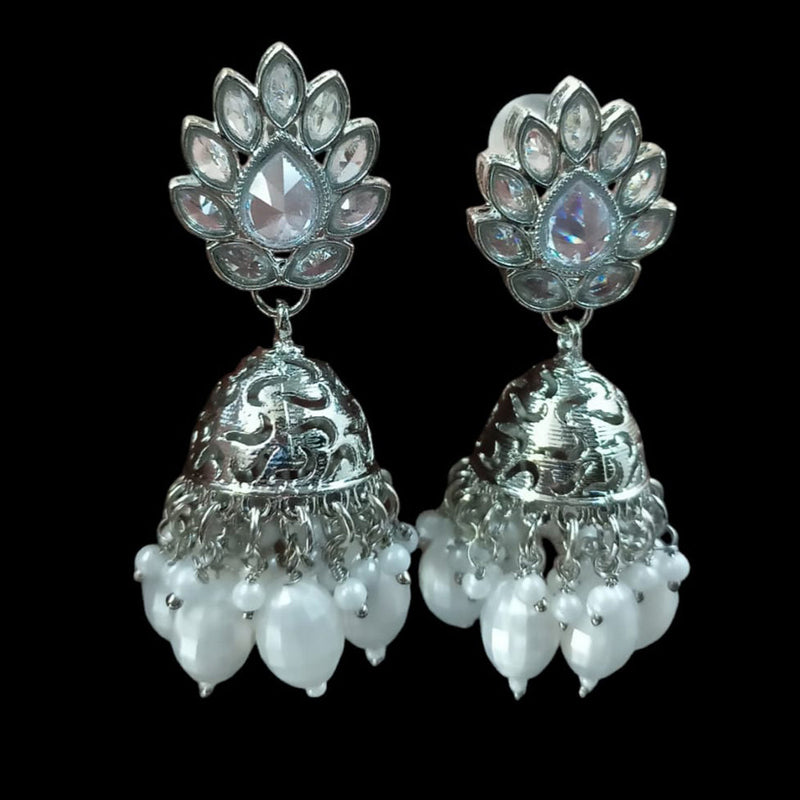 NAFJ Silver Plated Crystal Stone And Beads Jhumki Earrings