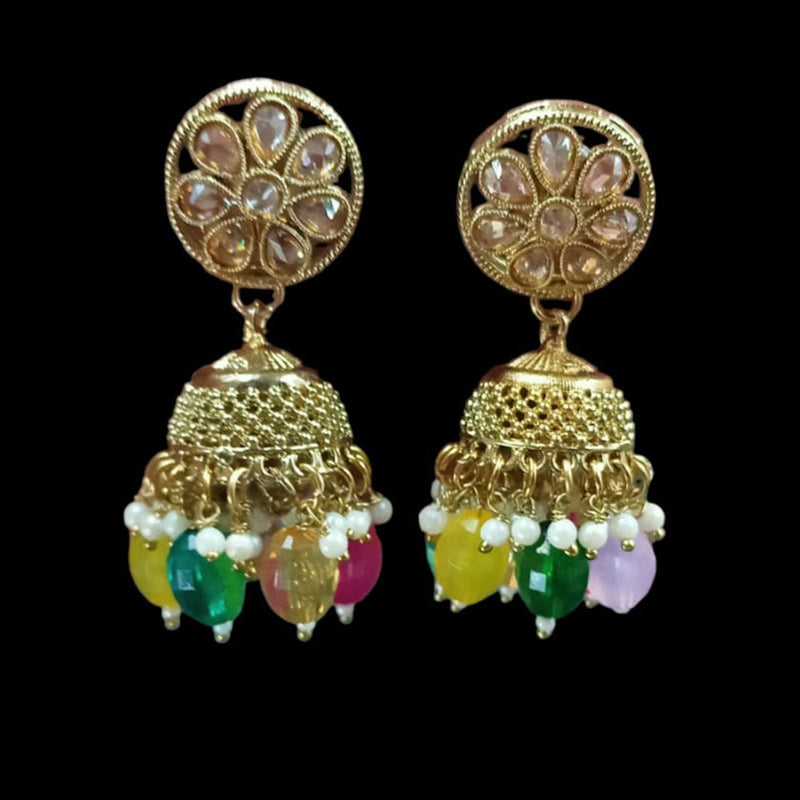 NAFJ Gold Plated Crystal Stone And Beads Jhumki Earrings