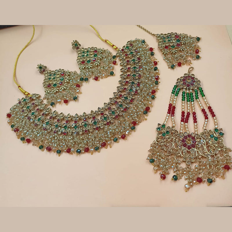 NAFJ Gold Plated Crystal Stone And  Beads Necklace Set