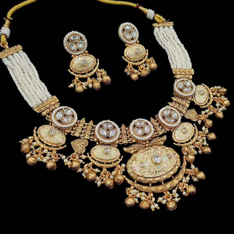 NAFJ Gold Plated Pota Stone And Pearls Meenakari Necklace Set