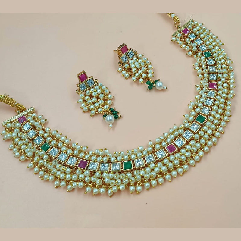 NAFJ Gold Plated Crystal Stone And Pearls Necklace Set