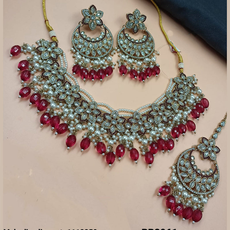 NAFJ Gold Plated Crystal Stone And  Beads Pearls Necklace Set