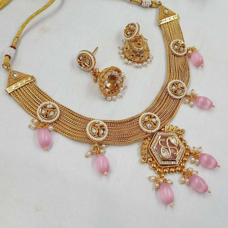 NAFJ Gold Plated Kundan Stone And  Beads Necklace Set