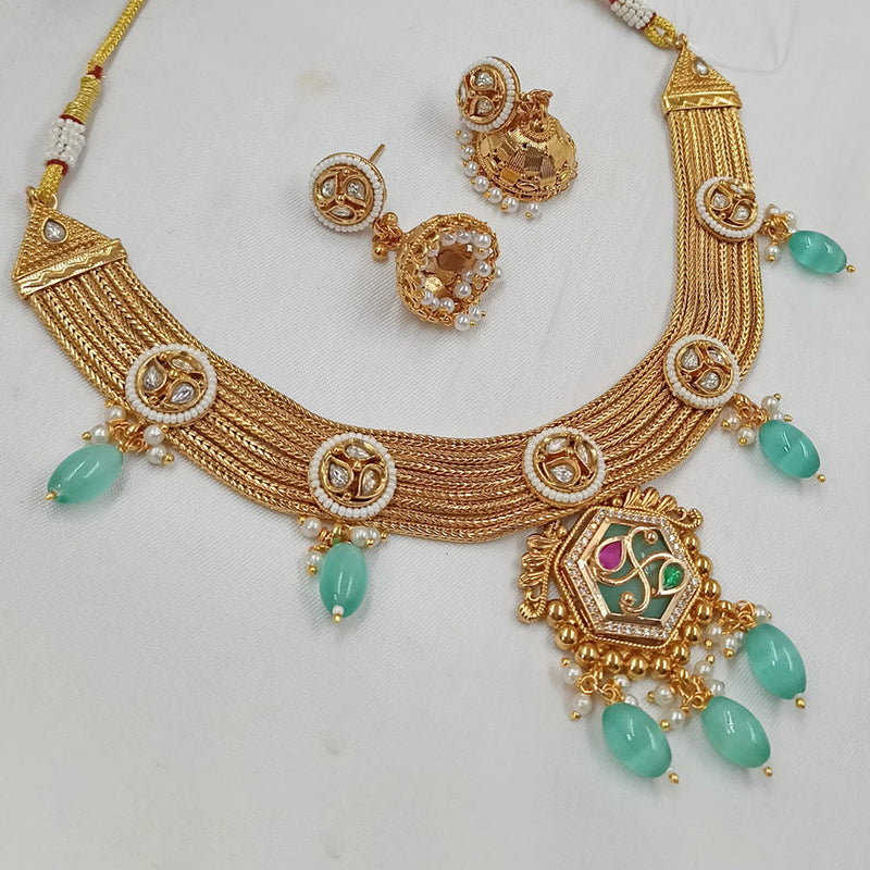 NAFJ Gold Plated Kundan Stone And  Beads Necklace Set