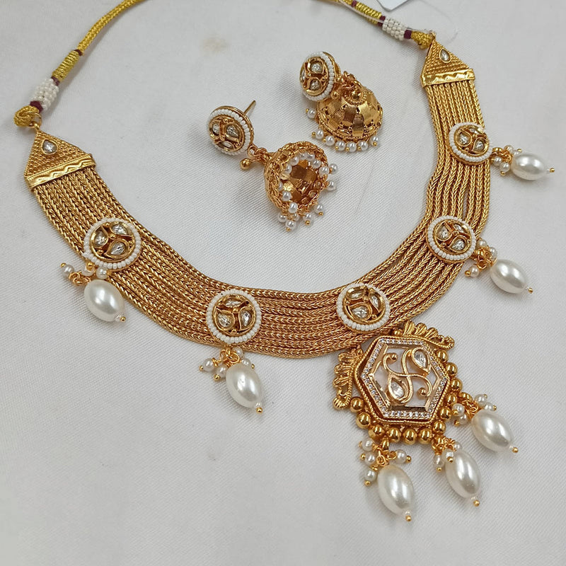 NAFJ Gold Plated Kundan Stone And  Beads Necklace Set