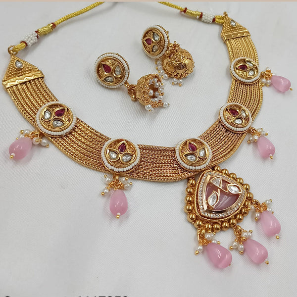 NAFJ Gold Plated Kundan Stone And  Beads Necklace Set