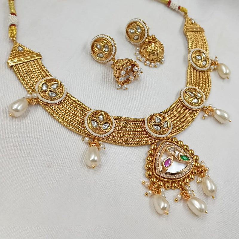 NAFJ Gold Plated Kundan Stone And  Beads Necklace Set