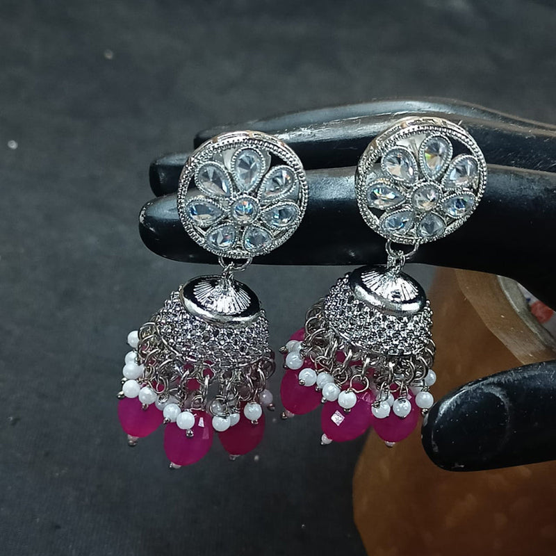 NAFJ Silver Plated Crystal Stone And Beads Jhumki Earrings