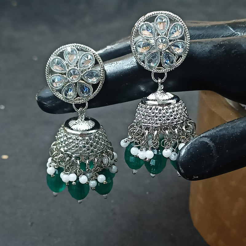 NAFJ Silver Plated Crystal Stone And Beads Jhumki Earrings